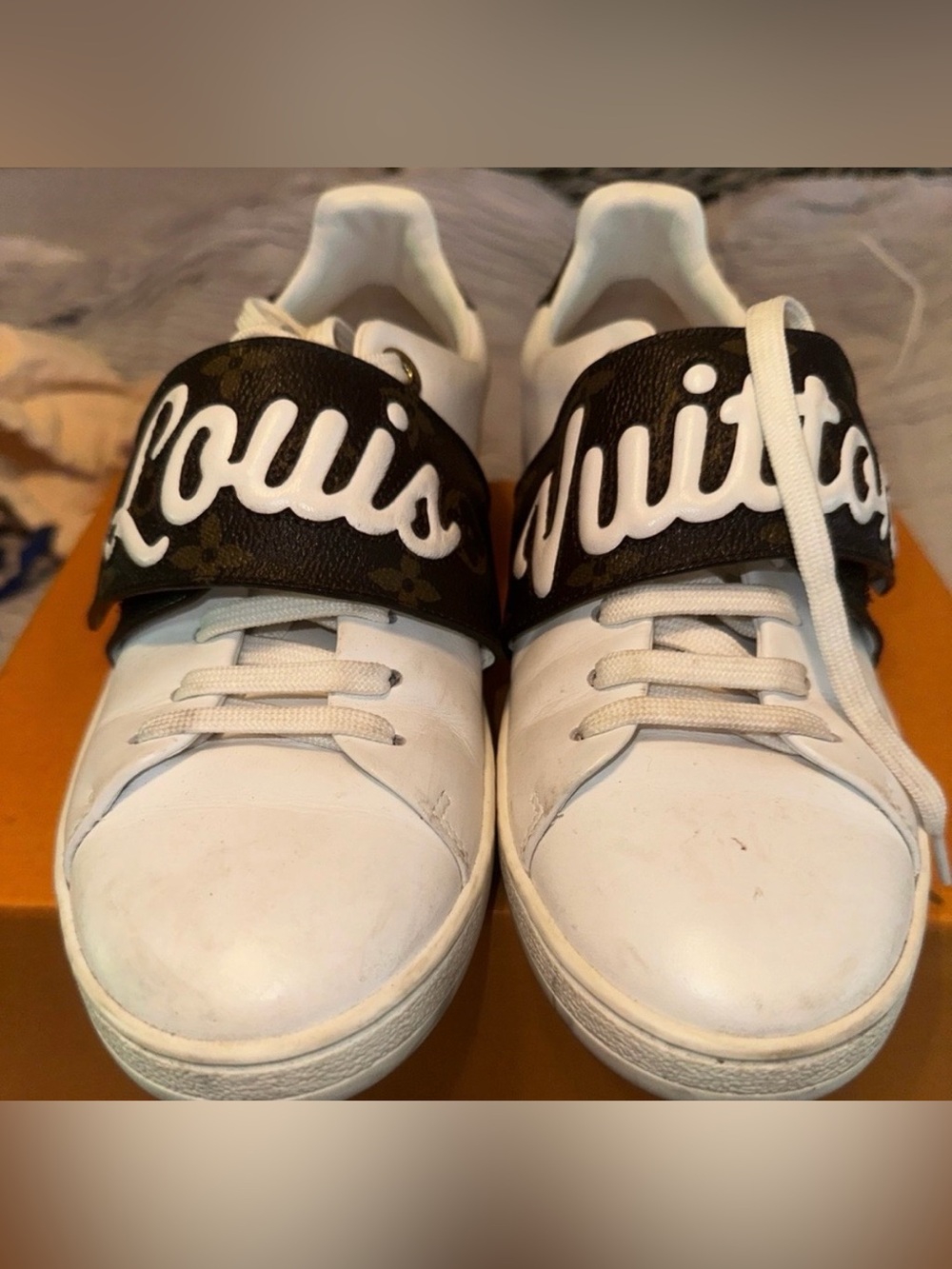 Louis Vuitton Frontrow Monogram Strap Sneakers White/Brown Preowned - Picture 1 of 4